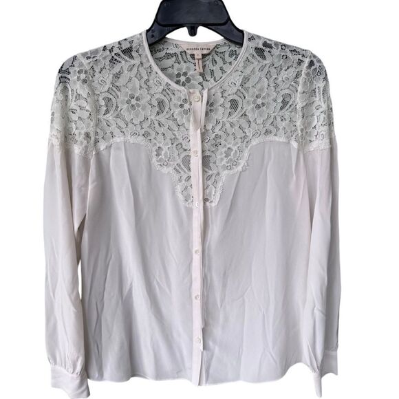 Rebecca Taylor Women's Long Sleeve Silk and Lace Top in white 2 - Picture 1 of 4